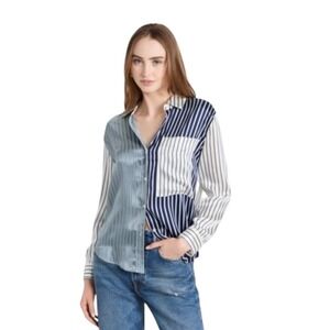 Rails Spencer Kent Multi Stripe 100% Silk Button Down Shirt Blue White Womens M